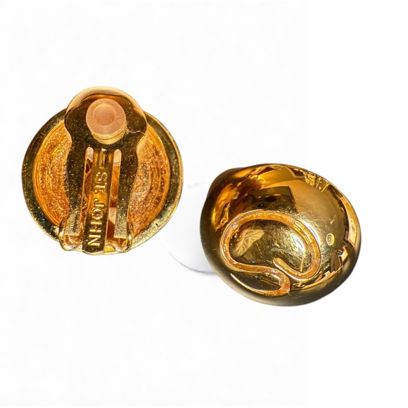 St. John Gold Dome Logo Clip-On Earrings • Vintage Couture All-Metal - Picture 4 of 4